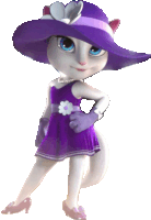 a cartoon cat wearing a purple dress and a hat