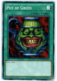 a card that says pot of greed with a picture of a pot on it