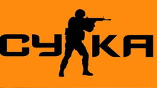 a silhouette of a man holding a gun with the word cyka in black letters