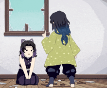 a girl with purple hair is kneeling down next to a man with blue hair