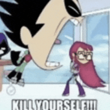 a cartoon of a man yelling at a girl with the words kill yourself written on it .