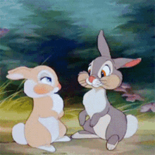 two cartoon rabbits are standing next to each other and looking at each other