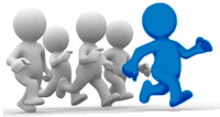 a group of people are running and one of them is a blue figure