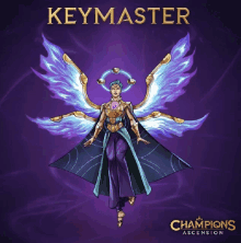 an advertisement for keymaster champions ascension shows a woman with angel wings