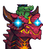 a pixel art illustration of a dragon with a frog on its head