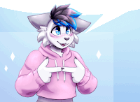 a drawing of a furry character with blue hair and a pink hoodie