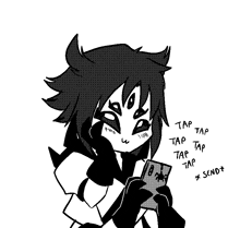 a black and white drawing of a girl holding a card that says tap tap tap tap tap tap tap tap send