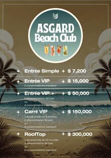 a poster for the asgard beach club shows prices for different types of entrées