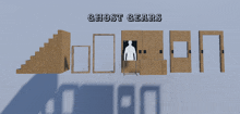 a display of ghost gears including stairs doors and a man