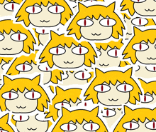 a pattern of cartoon characters with yellow hair and red eyes on a white background