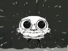 a black and white drawing of a cartoon character with big eyes floating in space .