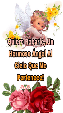 a picture of a baby angel with the words quiero robare un hermoso angel al cielo que me pertenece on it