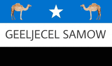 a blue and white flag with two camels and the words geeljecel samow