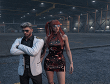 a man and a woman are standing next to each other in a warehouse