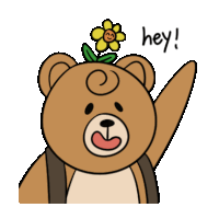 a teddy bear with a flower on its head and the word hey written below it