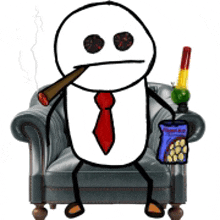 a cartoon character is sitting in a chair holding a bag of popcorn and smoking a cigar