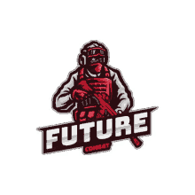 a logo for future combat shows a man holding a gun