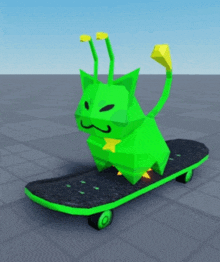 a green monster is sitting on a skateboard