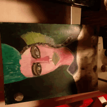 a painting of a person 's face with green hair and glasses