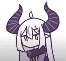 a cartoon drawing of a demon girl with purple horns and white hair .