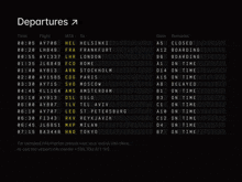 a black and white departures board with a few letters missing