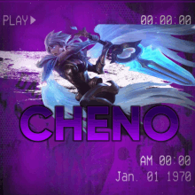 a purple poster with the name cheno and a sword