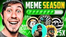 a man is smiling in front of a meme season advertisement