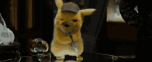 a pikachu looking through a magnifying glass while wearing a hat