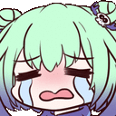 a cartoon girl with green hair is crying with her eyes closed and tears running down her face .