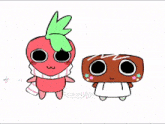 a cartoon of a strawberry and a gingerbread cookie standing next to each other .