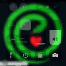 a phone screen with a green circle that says screen mirroring in the center