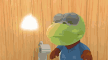 a cartoon frog is looking at a roll of toilet paper