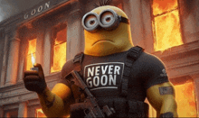 a minion wearing a never goon shirt is holding a gun