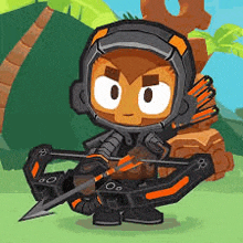 a cartoon monkey is holding a bow and arrow in a game .