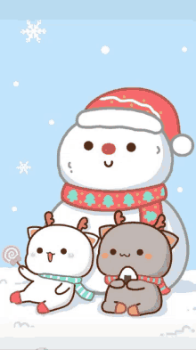 a cartoon of a snowman with two animals sitting next to it