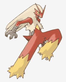 a cartoon drawing of a red and yellow pokemon with long legs