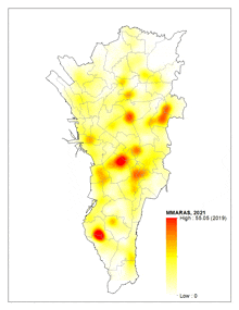 a map showing a cluster of red dots with the year 2019 at the bottom