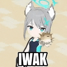 a girl with cat ears is holding a fish in her hand and says iwak .