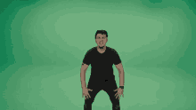 a man in a black shirt is standing in front of a green background