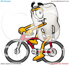 a cartoon tooth is riding a bike with arms and legs