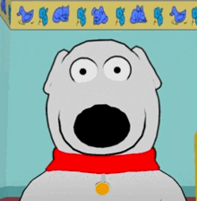 a cartoon bear with a red collar and a yellow badge on his neck