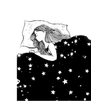 a black and white drawing of a woman sleeping in a bed