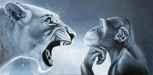 a lion and a chimpanzee are looking at each other in a painting with the lion 's mouth open