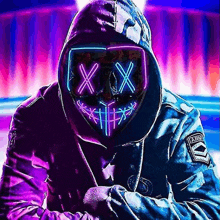 a man wearing a hoodie and a mask with the letter x on it