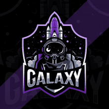 a logo for galaxy with an astronaut and a purple rocket