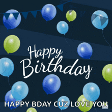 a birthday card with blue and green balloons and the words happy birthday happy bday cuz love you