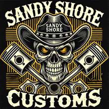 a skull wearing a cowboy hat with sandy shore customs written on it