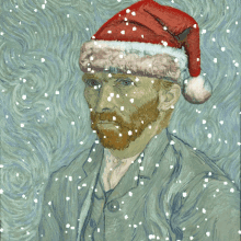 a painting of a man wearing a santa hat with snow falling around him