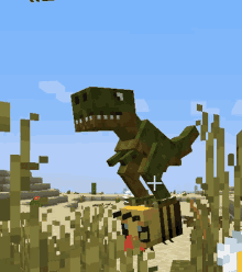 a t-rex is standing next to a bee in a minecraft game