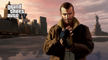 an advertisement for grand theft auto iv with a man in a brown jacket